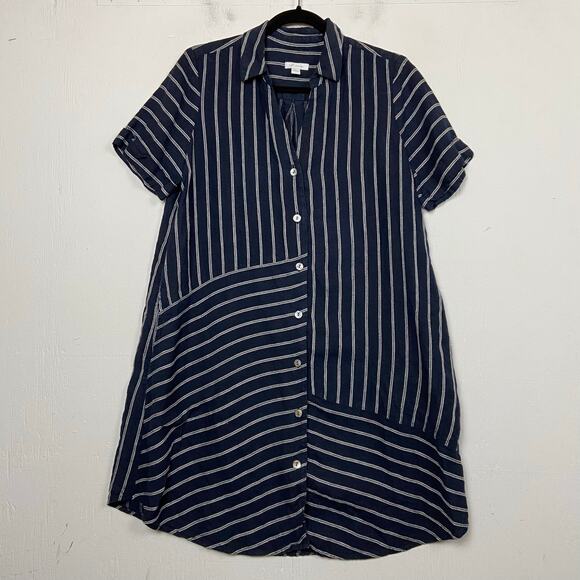 J. Jill Love Linen Navy Blue Striped Shift Dress Pockets Button Front Size Small - Picture 1 of 12